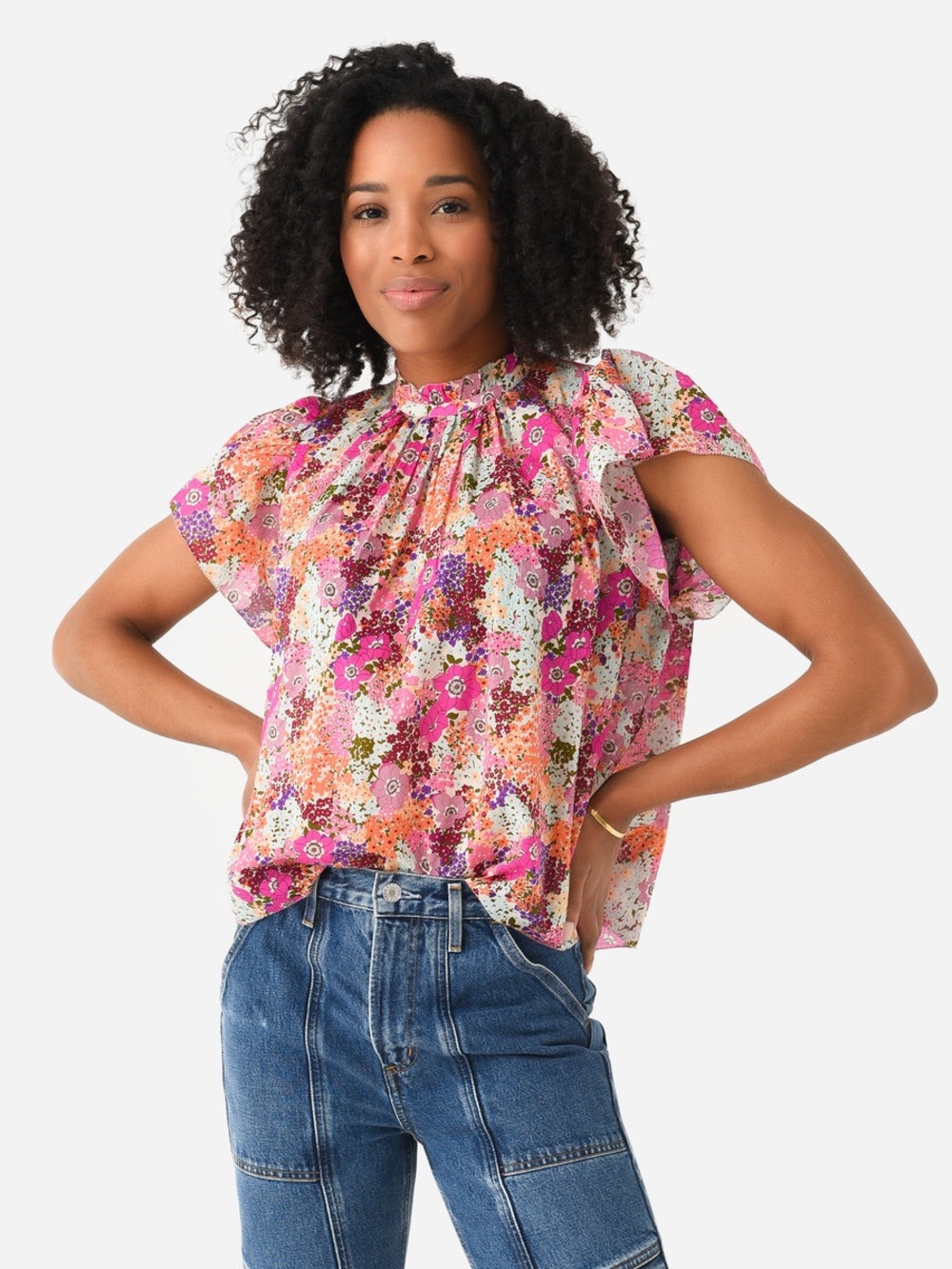 Trovata Birds of Paradis Carla Highneck Ruffle Trim Shirt Young Meadow Large